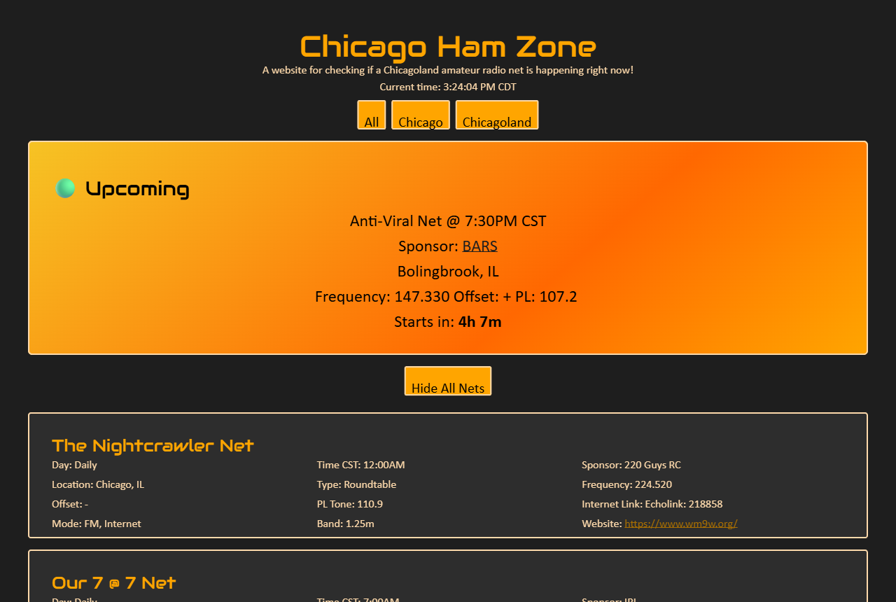 Original Chicago Ham Zone desktop layout: centered orange gradient hero, unlabeled key-value net cards