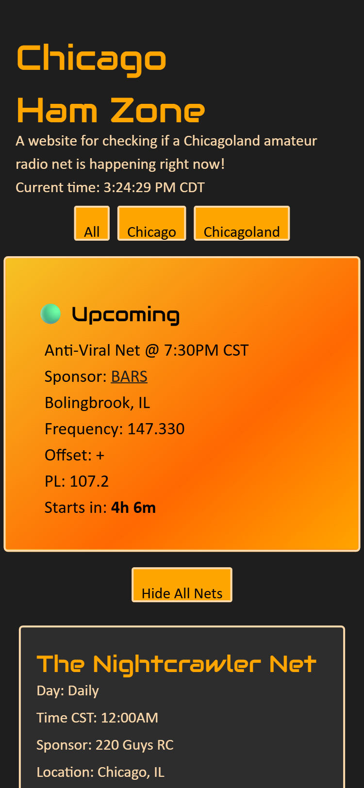 Original Chicago Ham Zone mobile layout: wrapped title, full-width unlabeled net cards